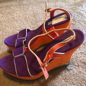 Jennifer Lopez Suede Purple, Orange, & Gold Wedges